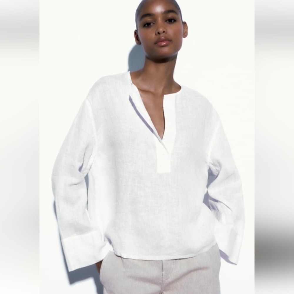 Zara Buttoned Linen Blouse Sz-M